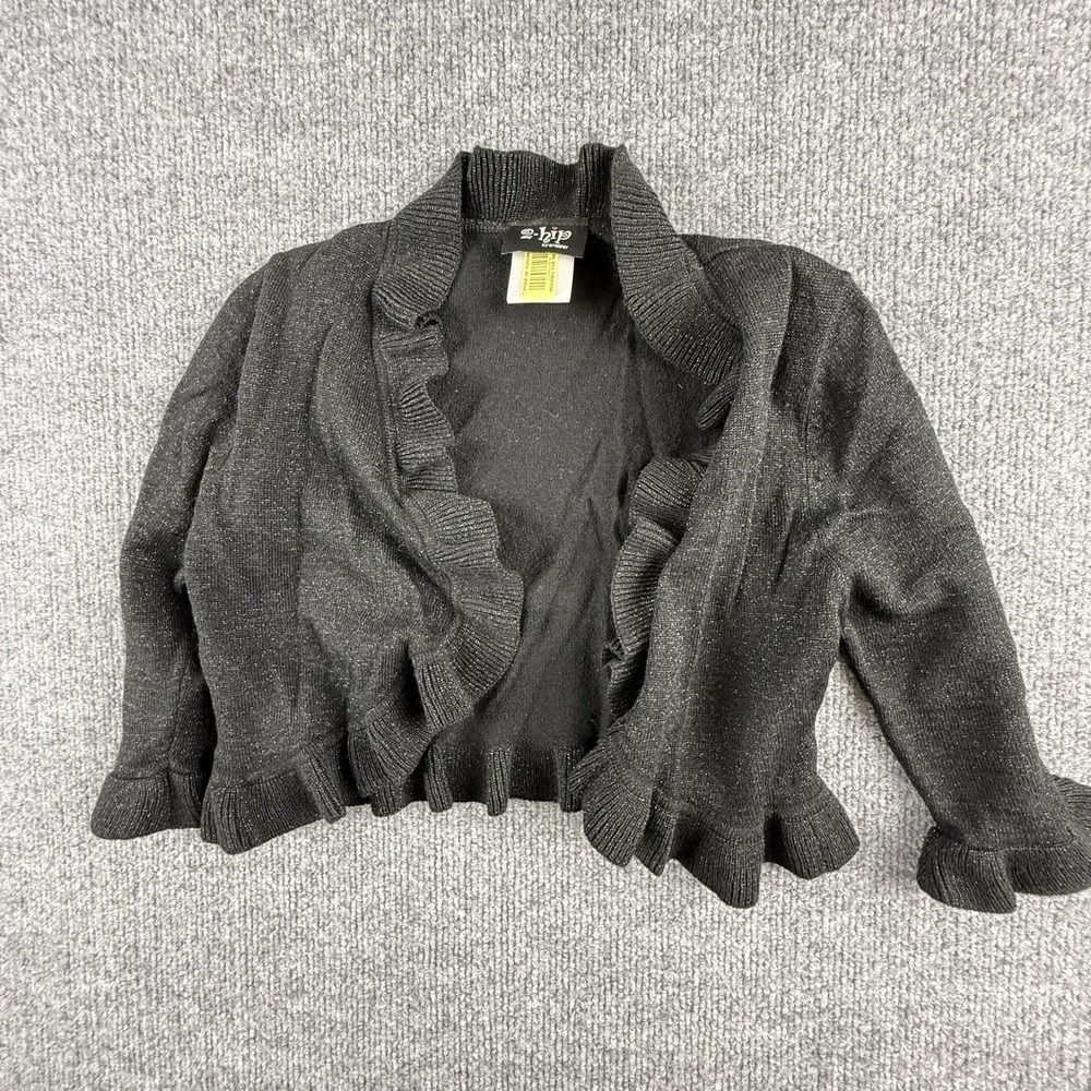 Y2K 2-hip By Wrapper Sweater Girls 16 Black Metallic Ruffle Open Shrug Knit